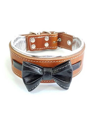 Zgarda Bowtie-Papion, Piele Naturala, Maro/Negru, pentru St Bernard, Husky, Bulldog etc