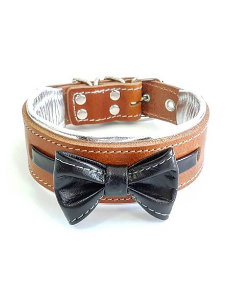 Zgarda Bowtie-Papion, Piele Naturala, Maro/Negru, pentru St Bernard, Husky, Bulldog etc