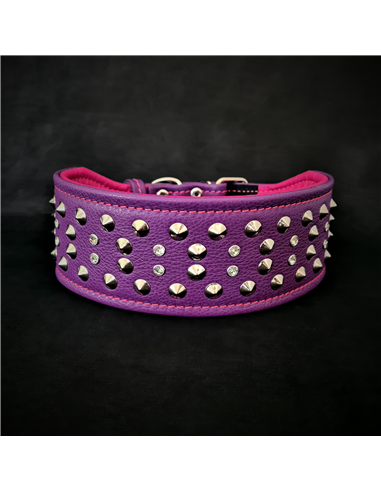 Zgarda Crystal, Piele Naturala, Violet/Roz, pentru St Bernard, Cane Corso, Labrador etc