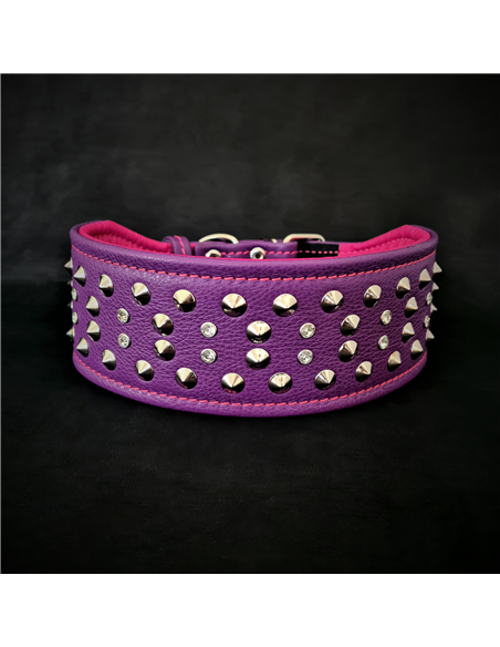 Zgarda Crystal, Piele Naturala, Violet/Roz, pentru St Bernard, Cane Corso, Labrador etc