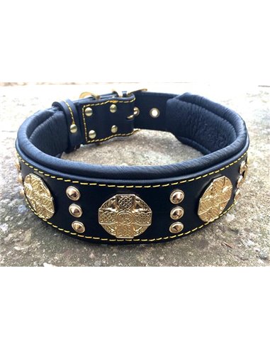 Zgarda Maximus, Piele Naturala, Negru/Auriu, pentru Amstaff, Labrador, Doberman etc