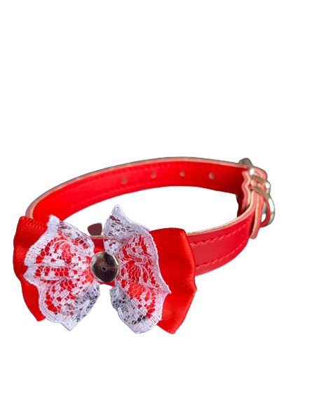 Zgarda Piele Naturala 15 mm x 37 cm, cu Fundita Rosie si Dantela