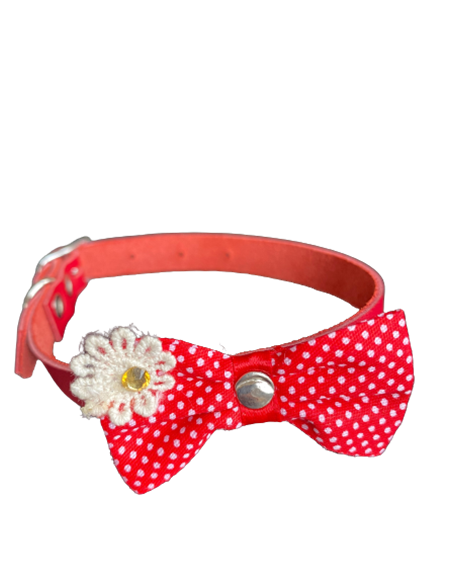 Zgarda Piele Naturala 10 mm x 31 cm, cu Fundita, cu Buline si Floare, Rosu