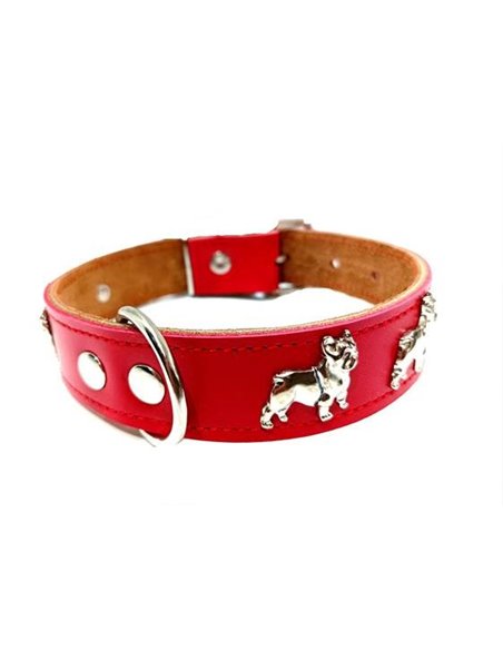 Zgarda Piele Naturala, cu Accesorii Bulldog, 25 mm x 55 cm, Rosu