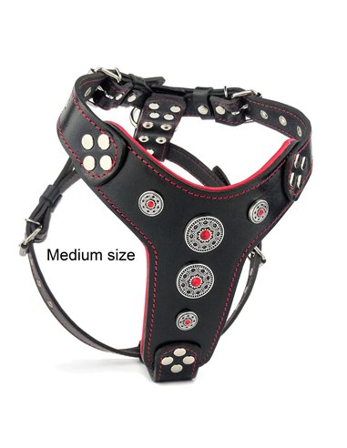 am Bijou, Piele Naturala, M: 50-75 cm, Negru/Rosu, pentru Amstaff, Border Collie, Vizsla, etc