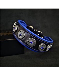 (-5%) Zgarda Bijou, Piele Naturala, S: 35-42.5 cm, Negru/Albastru, pentru Pug, Bulldog, Retriever, etc 2