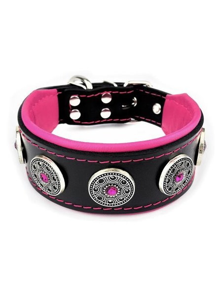 Zgarda Bijou, Piele Naturala, M: 42.5-50 cm, Negru/Roz, pentru Pug, Bulldog, Retriever, etc