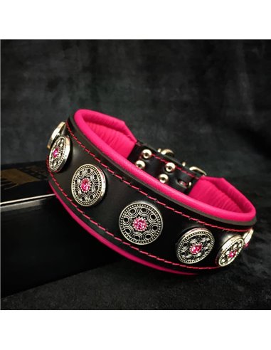 Zgarda Bijou, Piele Naturala, M: 42.5-50 cm, Negru/Roz, pentru Pug, Bulldog, Retriever, etc