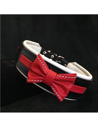 Zgarda Bowtie-Papion, Piele Naturala, S: 35-42.5 cm, Negru/Rosu
