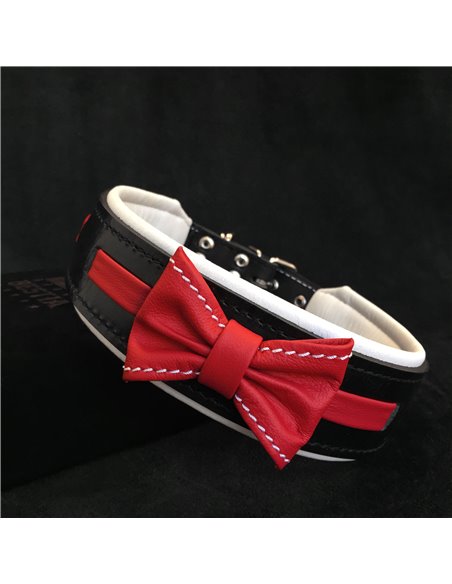 Zgarda Bowtie-Papion, Piele Naturala, S: 35-42.5 cm, Negru/Rosu