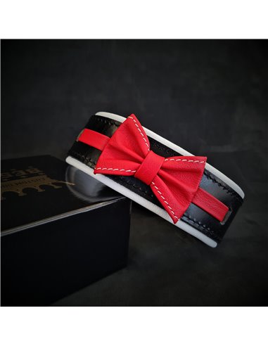 Zgarda Bowtie-Papion, Piele Naturala, S: 35-42.5 cm, Negru/Rosu