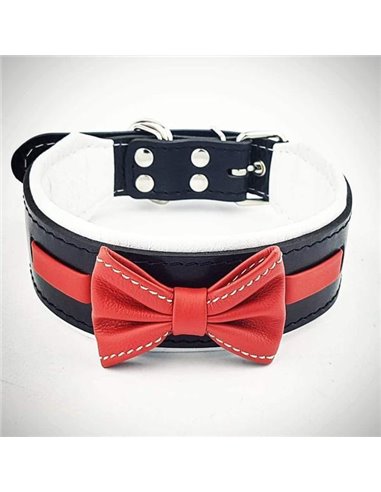 Zgarda Bowtie-Papion, Piele Naturala, S: 35-42.5 cm, Negru/Rosu