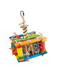 Jucarie Pentru Pasari, Cutie De Lemn Cu Sisal Si Nuca De Cocos, Multicolor, 18x18x28 cm, L14422	