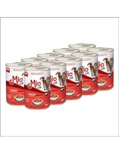 Pachet 10 Conserve pentru pisici, Mio Cat 400 g, Hrana umeda Premium, 
Completa, Hrana pisici Adulte, cu bucati de carne de vite