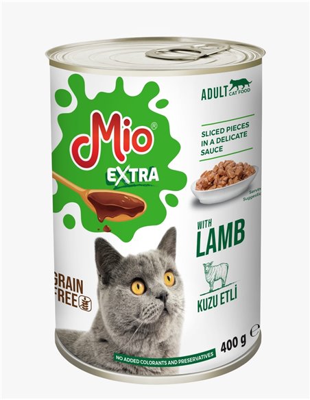 Conserva Mio Cat Extra 400 g, Mancare umeda Super Premium, Completa, pentru 
pisici Adulte, cu bucati de carne de miel, in sos d