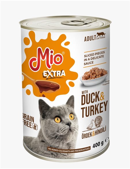 Conserva Mio Cat Extra 400 g, Mancare umeda Super Premium, Completa, pentru 
pisici Adulte, cu bucati de carne de rata si curcan