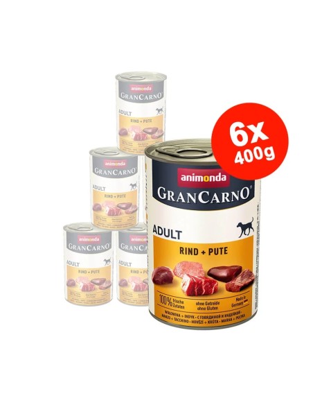 Hrana umeda pentru caini GranCarno Adult, Vita + Curcan, 6×400 gr