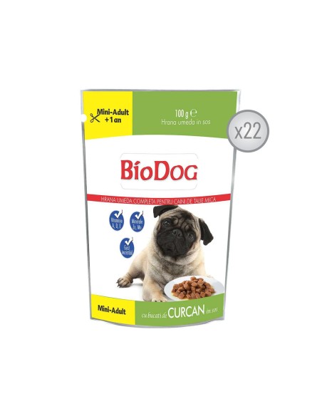 BIODOG HRANA UMEDA PENTRU CAINI MINI-ADULT CU CURCAN IN SOS - 22 PLICURI x 100G